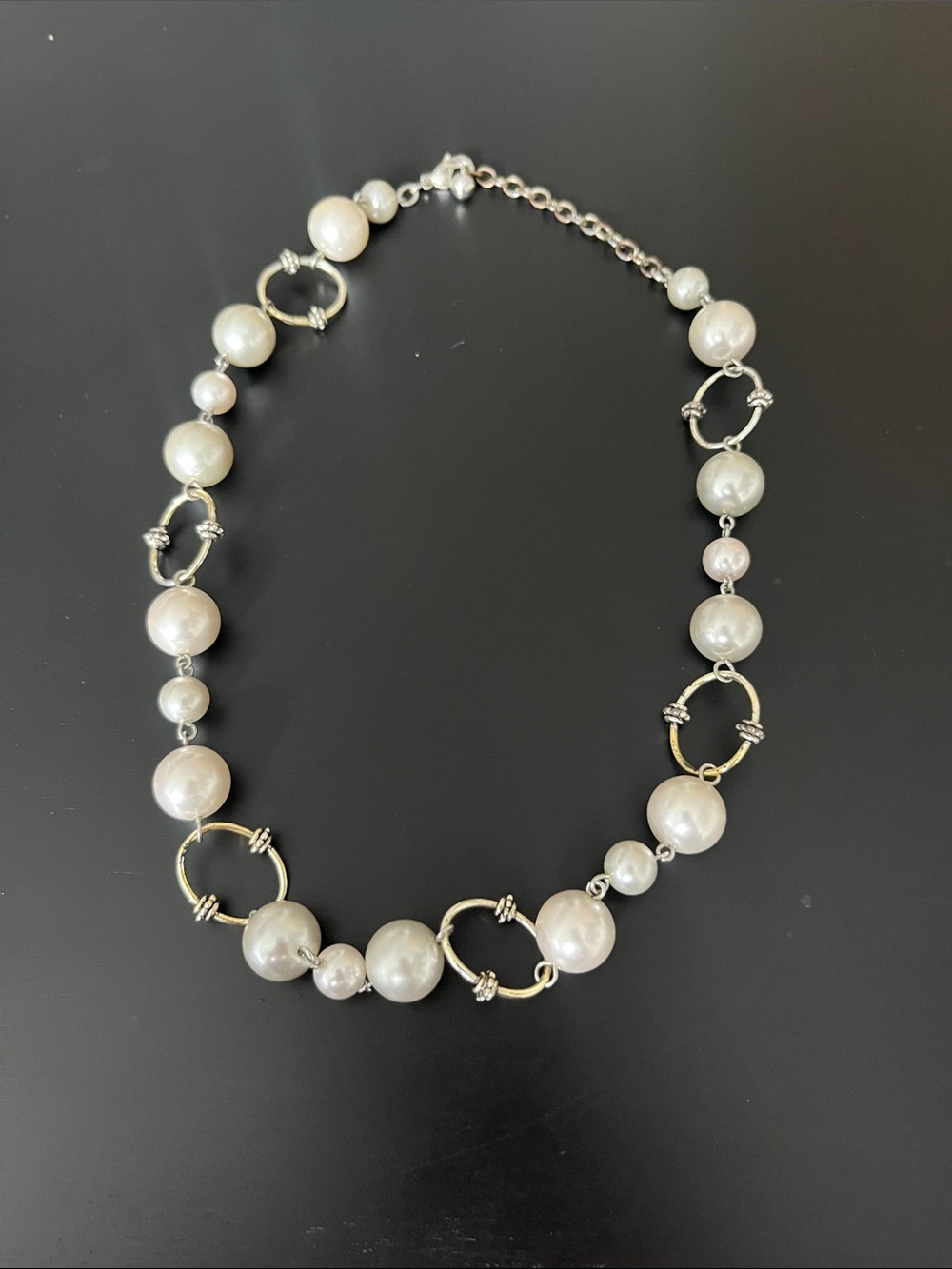 Pearl and Silver-Tone Ring Link Necklace - Ivory Pearls